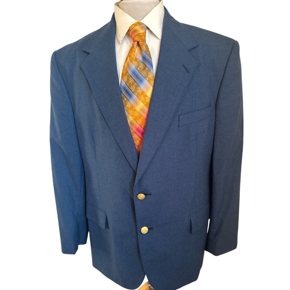 Vtg Stafford Blue Hopsack Gold Buttons Blazer Jacket Sport Coat Sz 46R Wool Poly